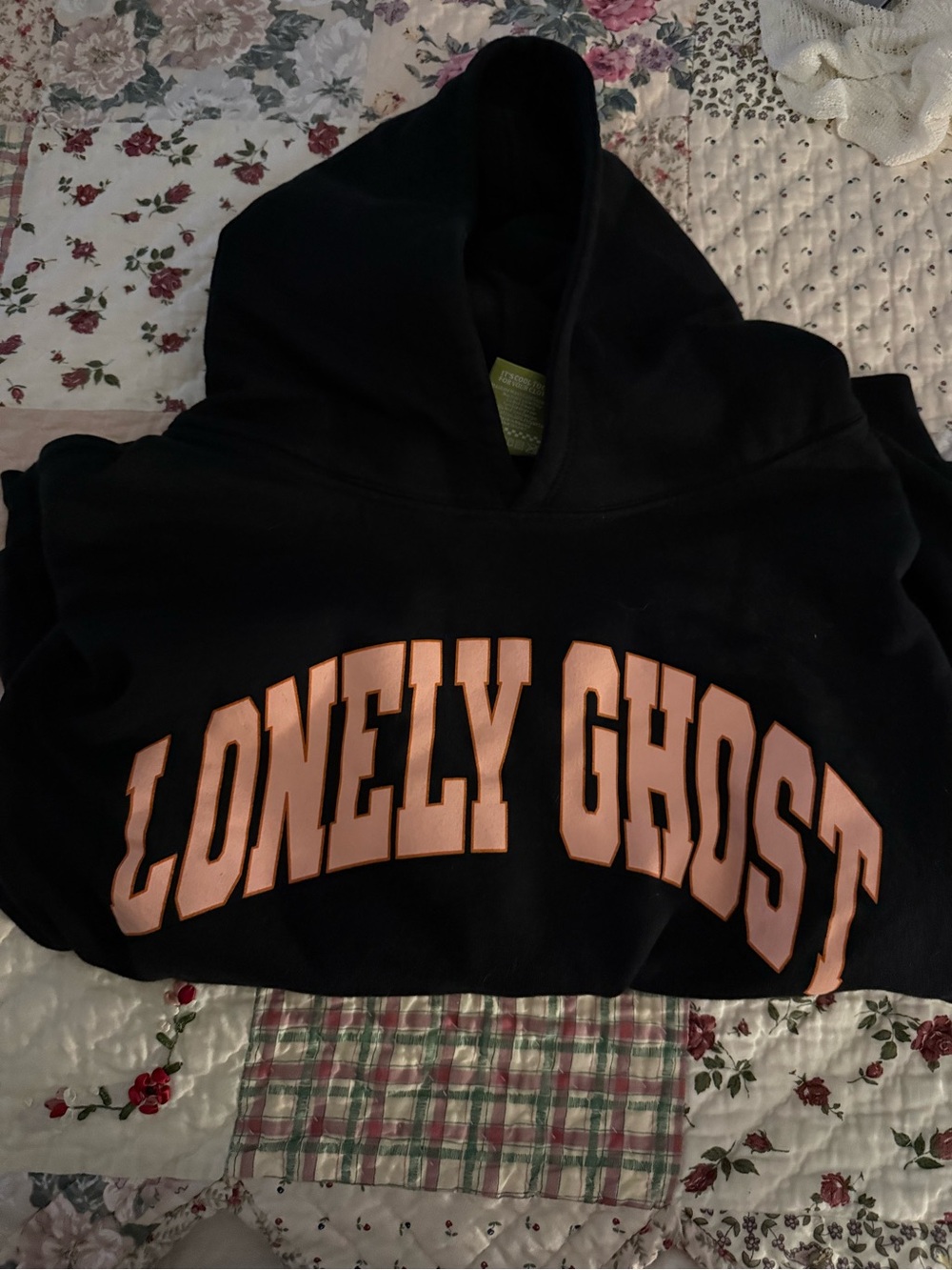 LONELY GHOST Black Hoodie with Peach-Orange Lettering